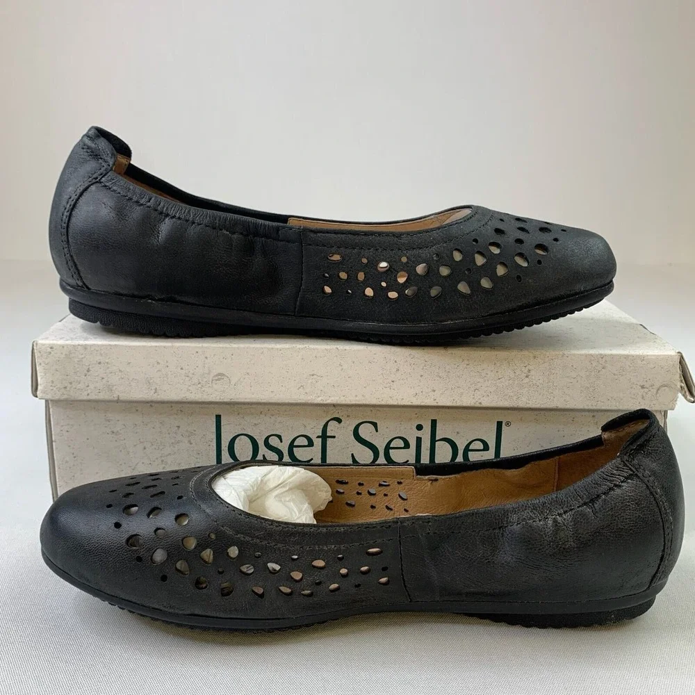 Josef Seibel Women Pippa 9 Ballet Flats Black Perforated Slip-On Shoes Sz 6.5/37